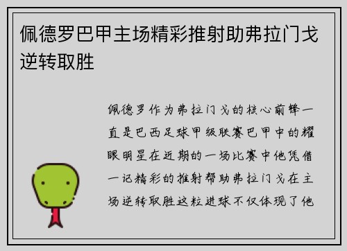佩德罗巴甲主场精彩推射助弗拉门戈逆转取胜 佩德罗巴甲主场精彩推射助弗拉门戈逆转取胜