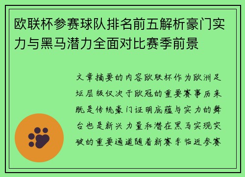 欧联杯参赛球队排名前五解析豪门实力与黑马潜力全面对比赛季前景 欧联杯参赛球队排名前五解析豪门实力与黑马潜力全面对比赛季前景